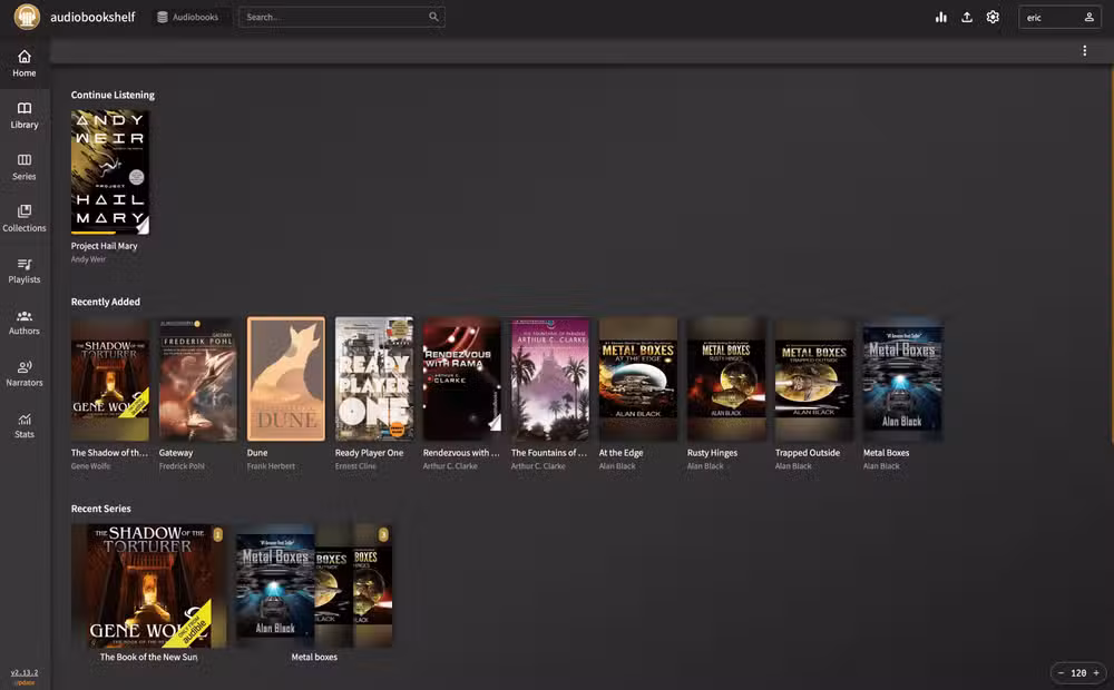 Audiobookshelf organizes your audiobook collection with cover art and playback progress