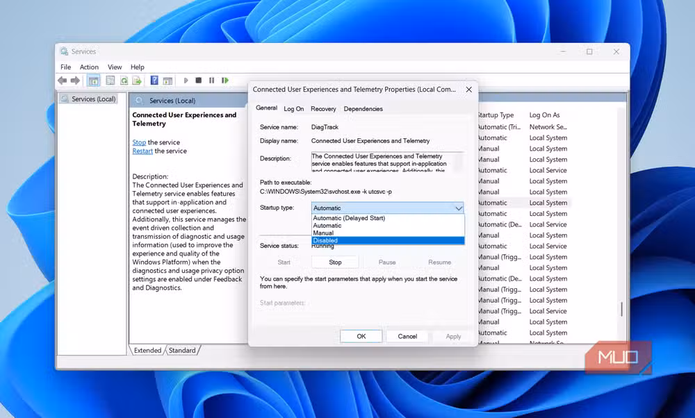 The telemetry service properties window where you can disable data collection