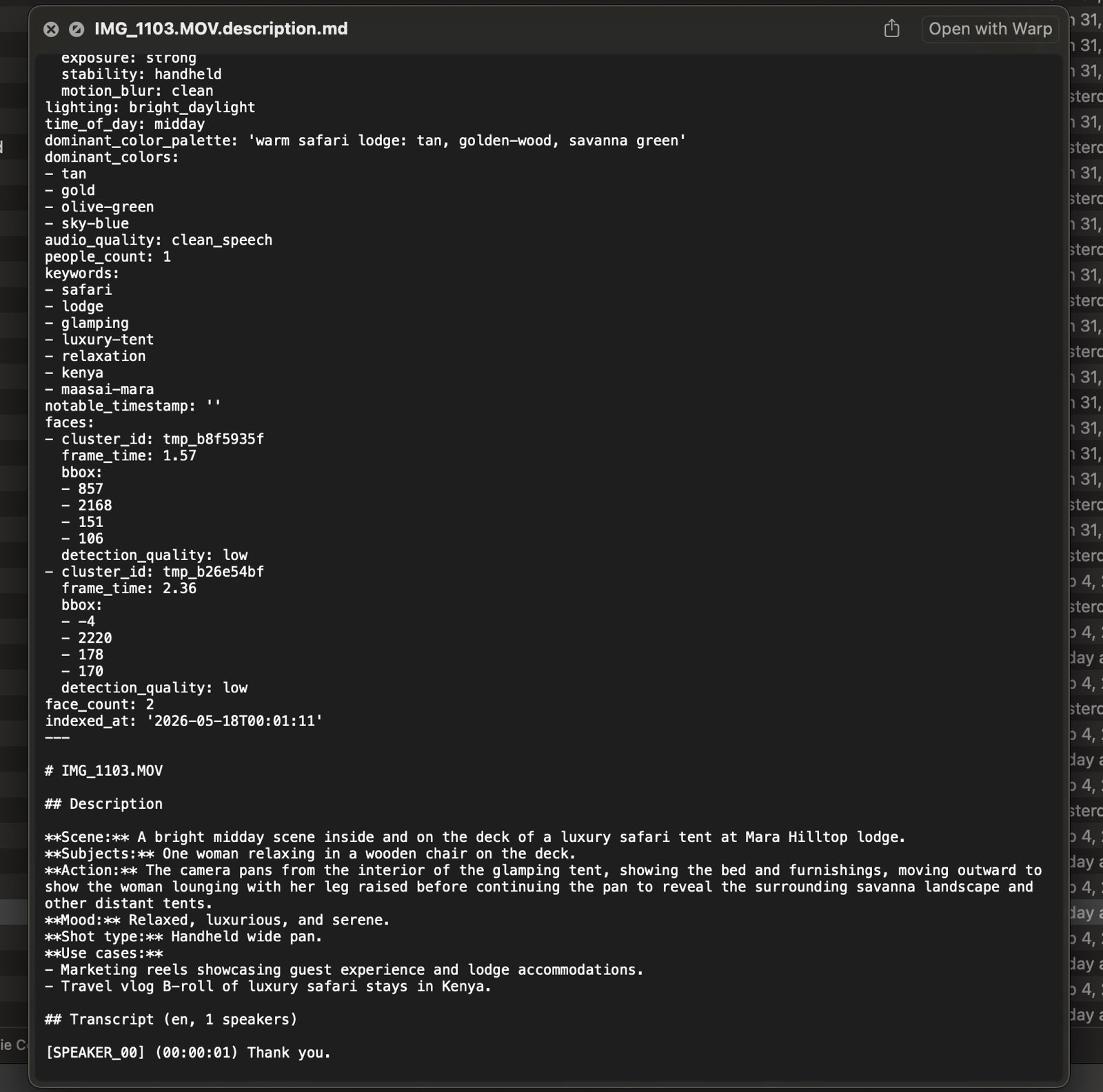 The sidecar file Gemma wrote for IMG_1103.MOV, showing YAML schema and a Description block