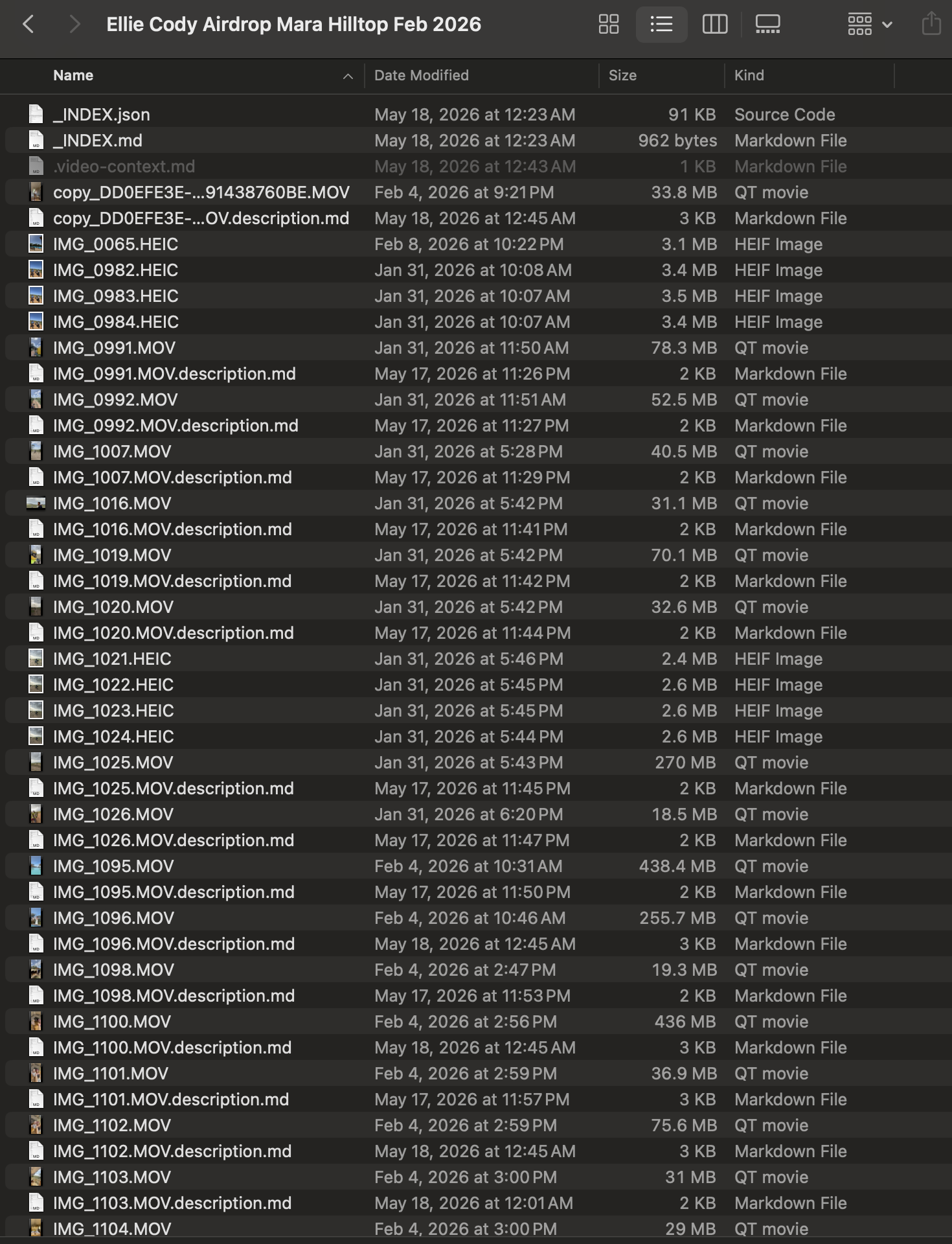 Finder window showing a Mara Hilltop archive folder: video and photo files paired with .description.md sidecars, plus _INDEX.json and _INDEX.md at the top