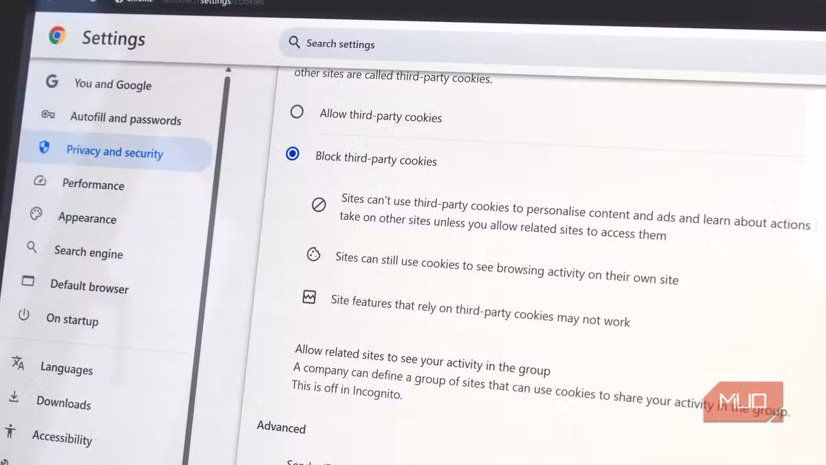 Chrome's settings panel for blocking third-party cookies