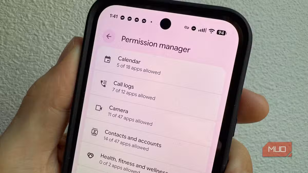 Android's Permission Manager listing all permission categories