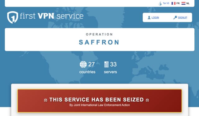 Screenshot of the First VPN service's website with a message stating that the service has been seized by a joint international law enforcement action.