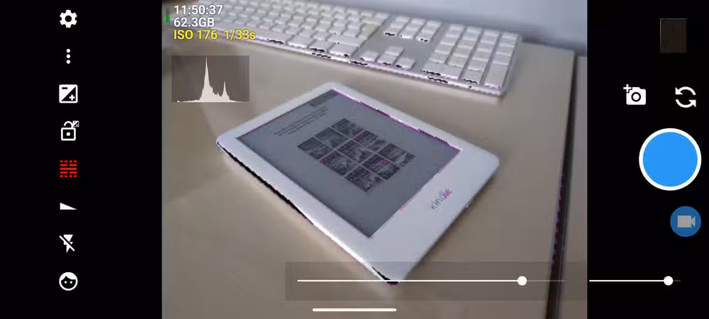 Open Camera's interface includes focus and exposure guides for precise manual adjustments