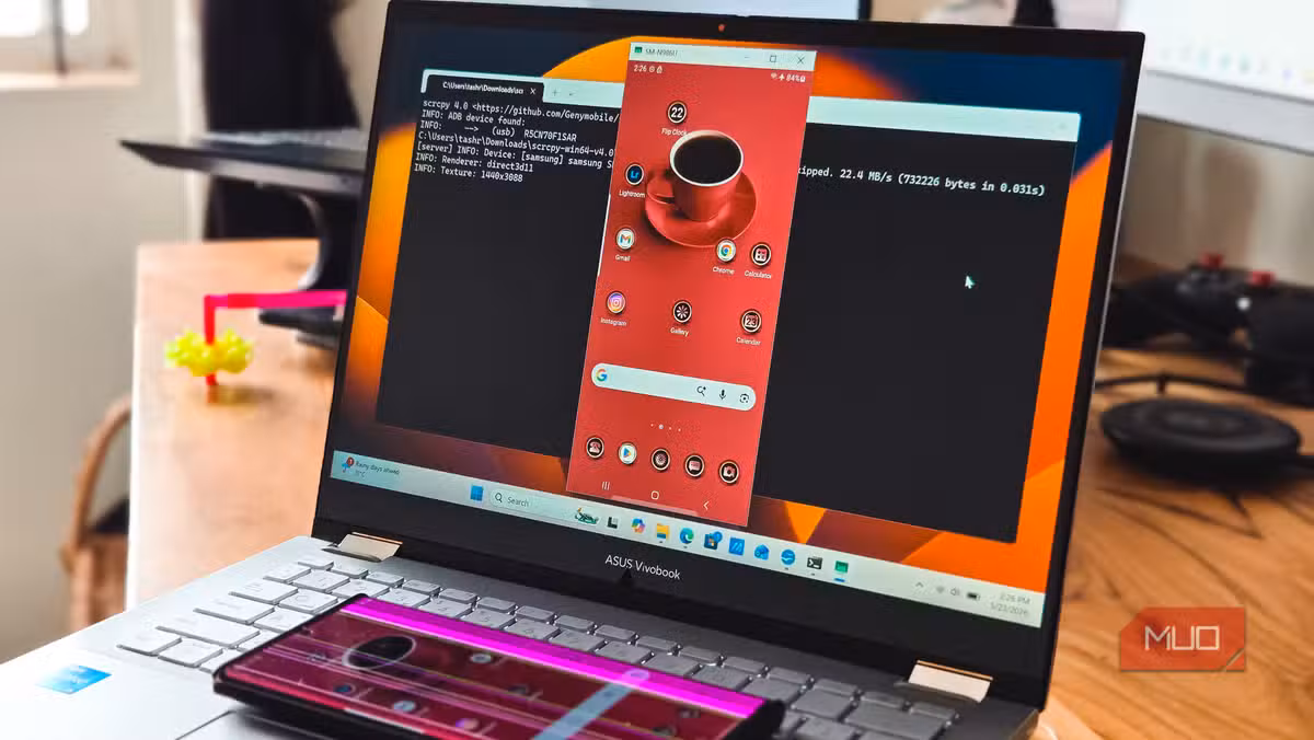 Scrcpy mirroring an Android phone to a laptop with near-zero latency