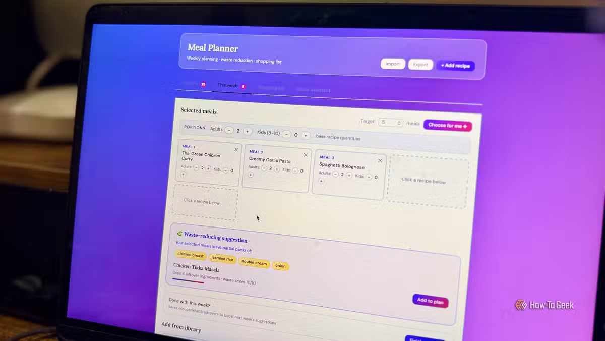 The meal planner interface showing selected meals and a suggestion for using leftover ingredients