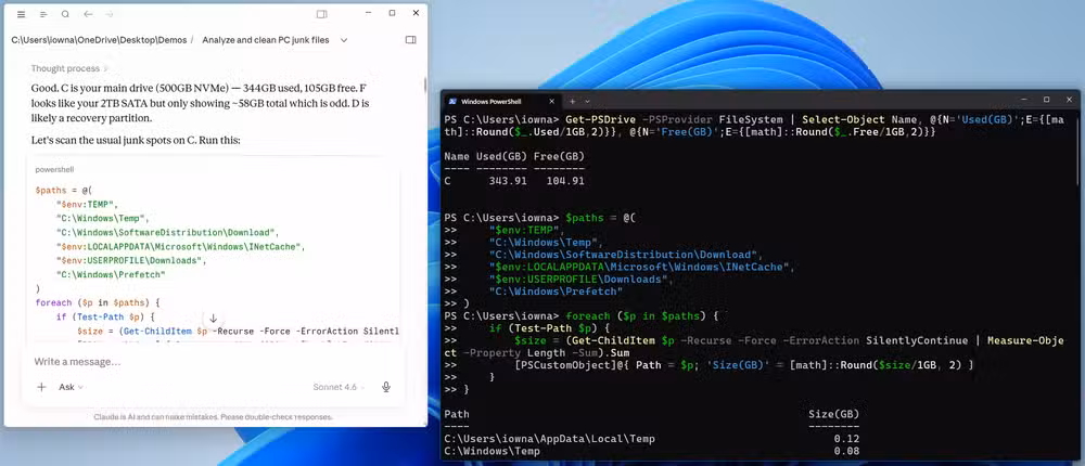 Claude Cowork analyzing disk usage and running PowerShell commands autonomously