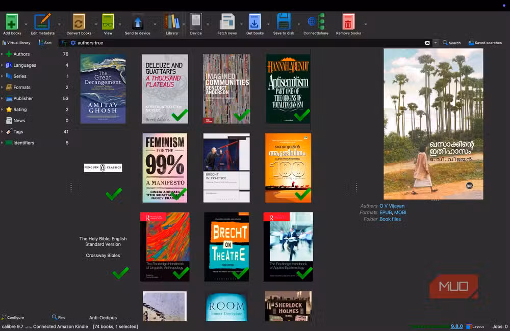 Calibre's main interface showing a managed ebook library