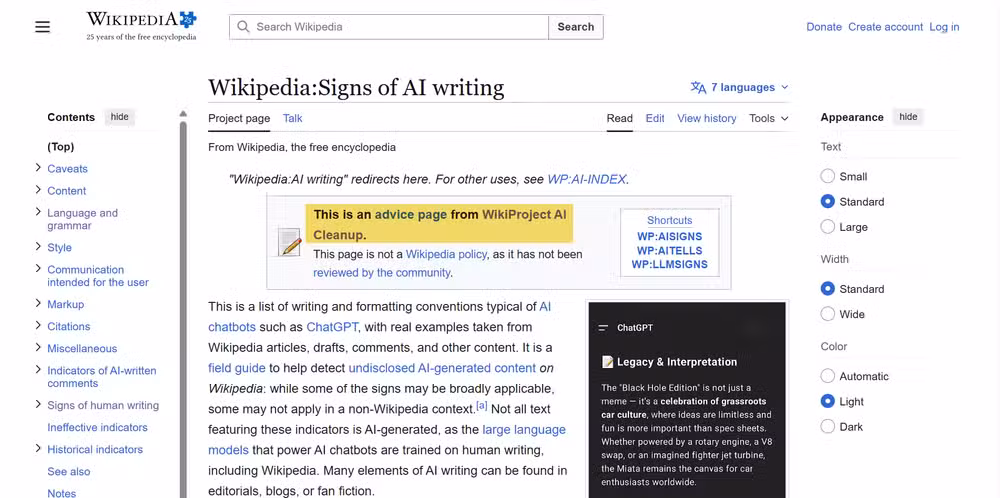 Wikipedia's Signs of AI Writing page overview