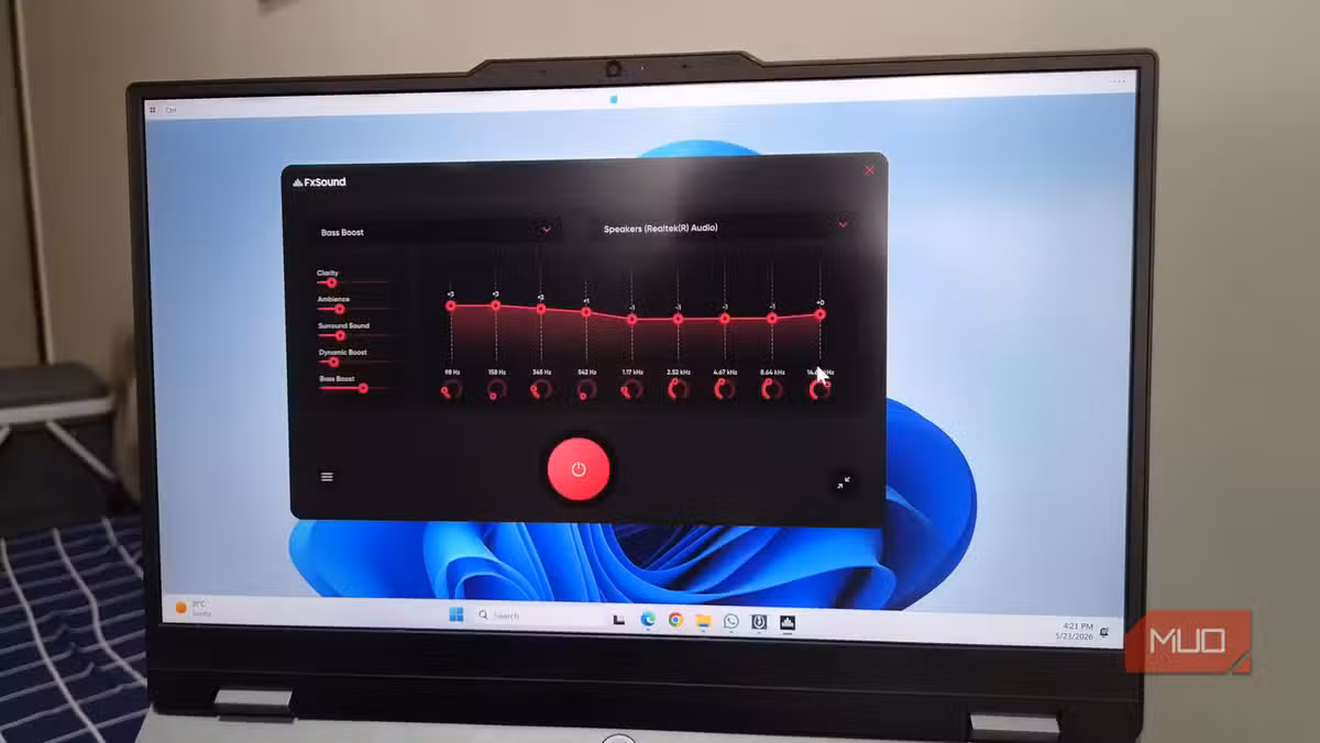 FxSound running on a Windows laptop with its main interface visible