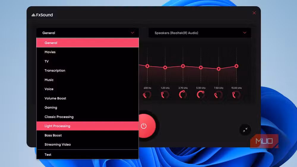 FxSound presets menu showing options for music, movies, gaming, and more