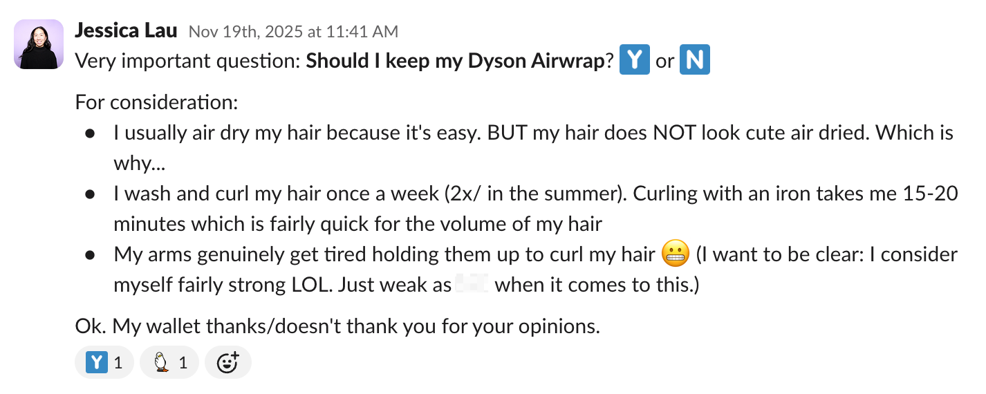 A simple Slack poll using emoji reactions