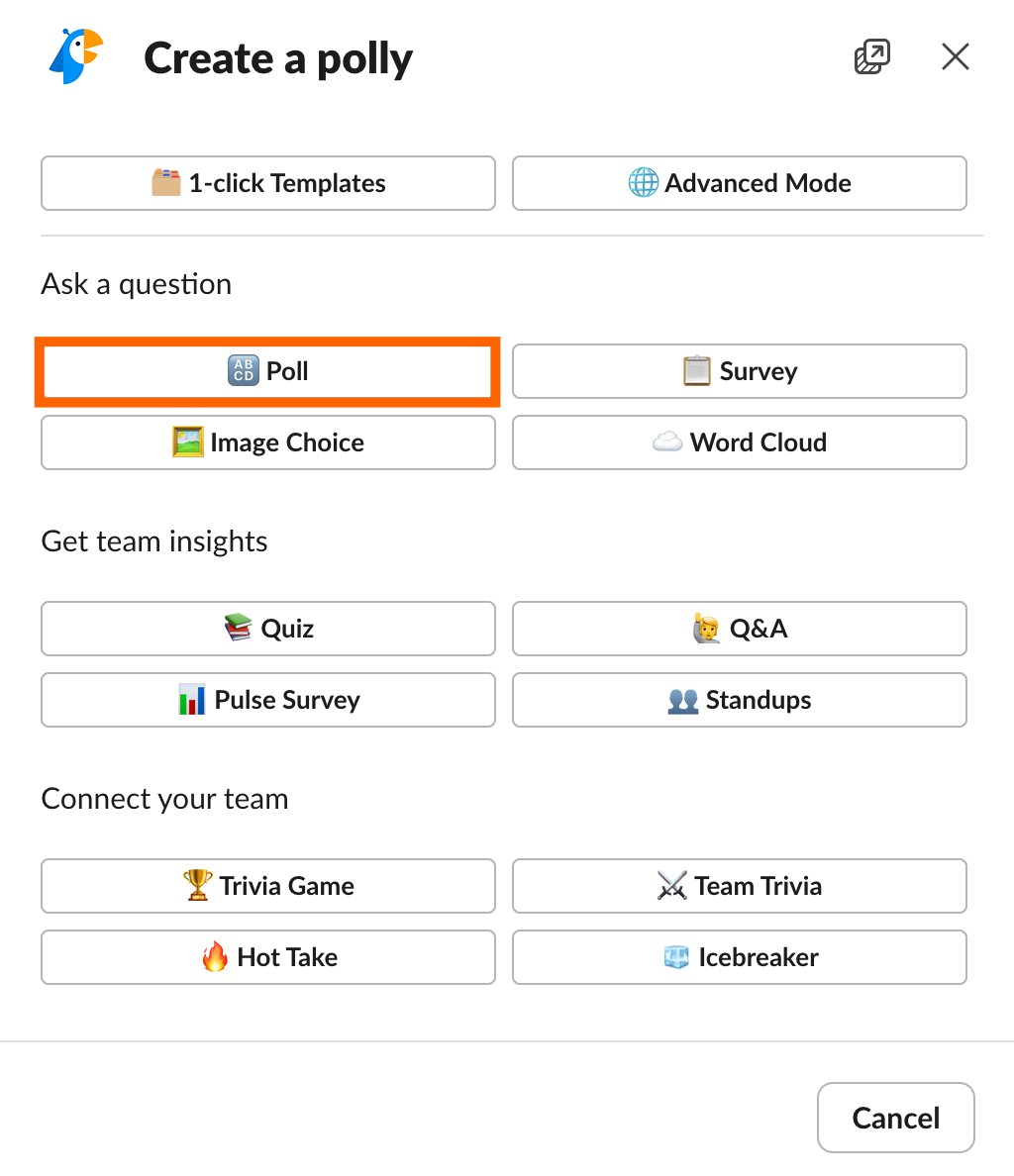 Polly's poll creation interface in Slack