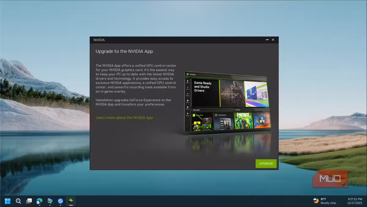 The upgrade dialog pushing users from Control Panel to the NVIDIA App on Windows 11