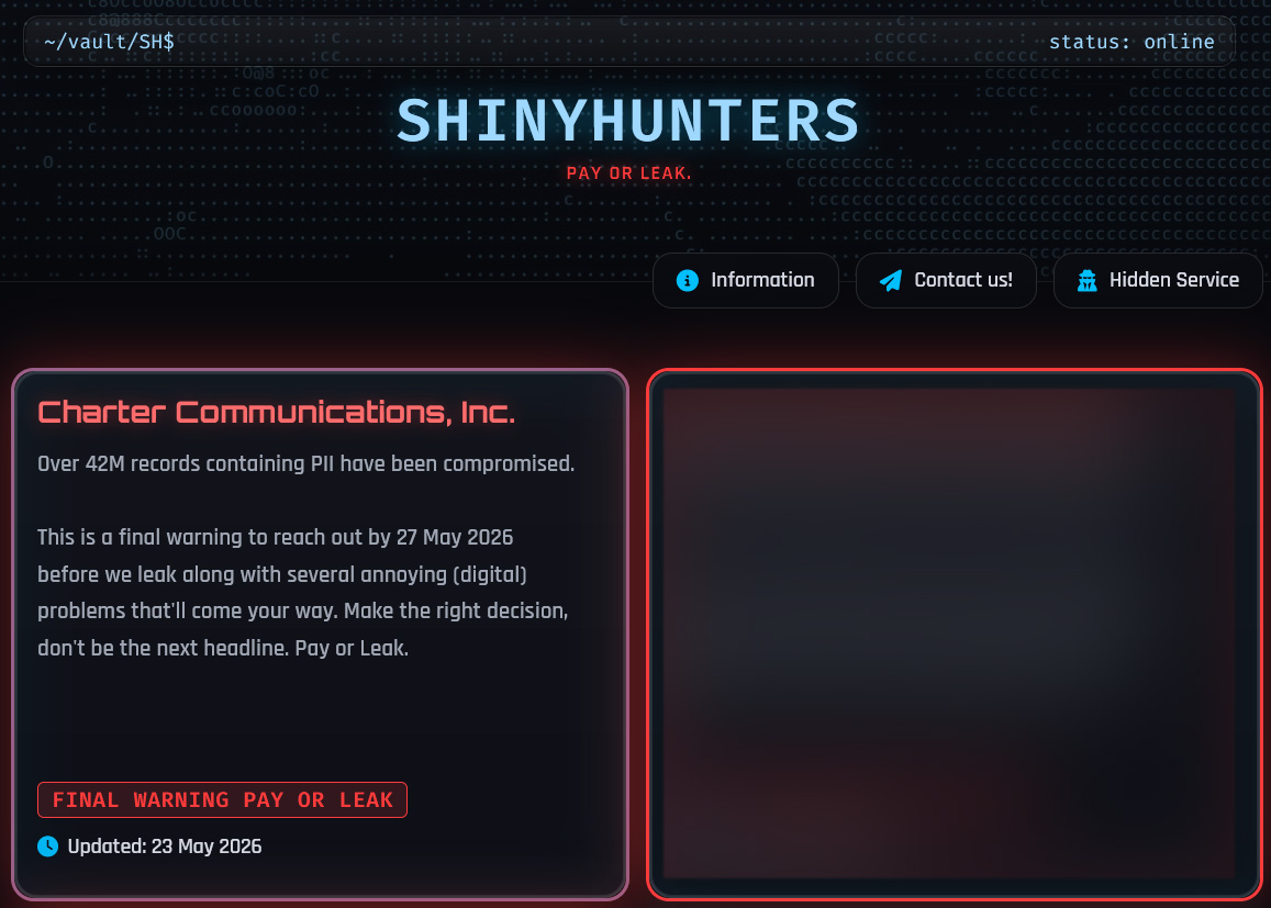 Charter listing on the ShinyHunters data leak site