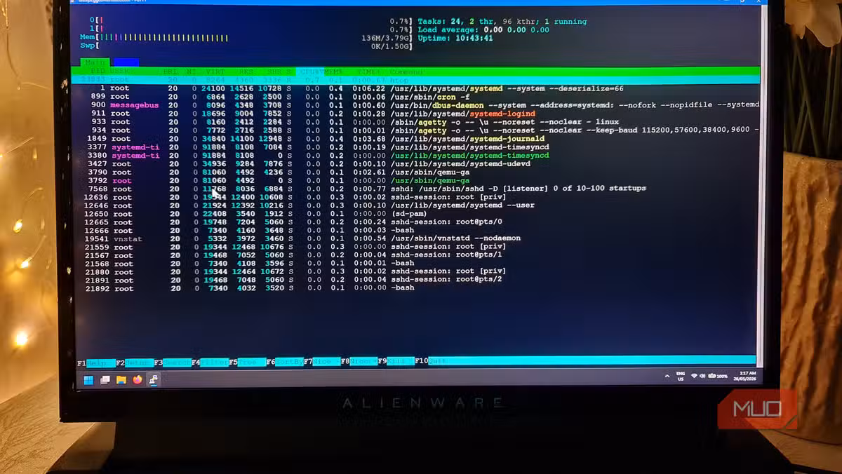 htop showing baseline resource usage on a fresh VPS