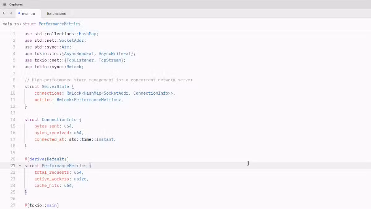 Zed's interface during a coding session, showing its minimal, responsive design