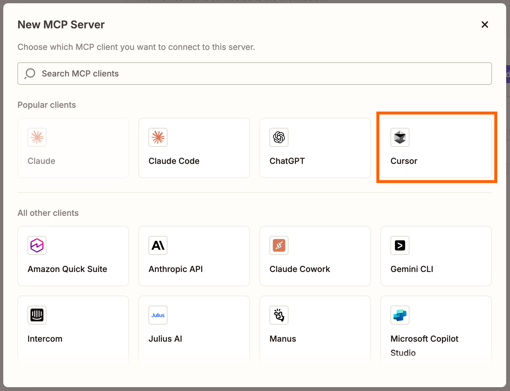 The Zapier MCP dashboard showing the connection setup for Cursor