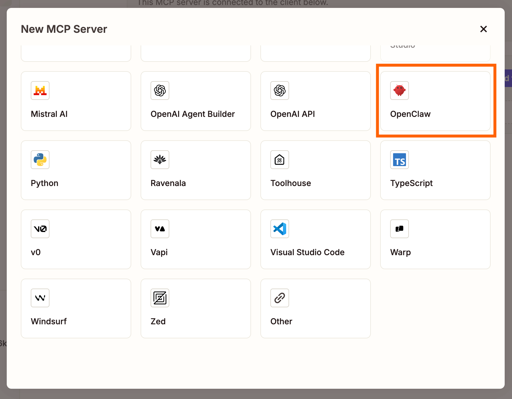 The Zapier MCP dashboard for adding a new server connection