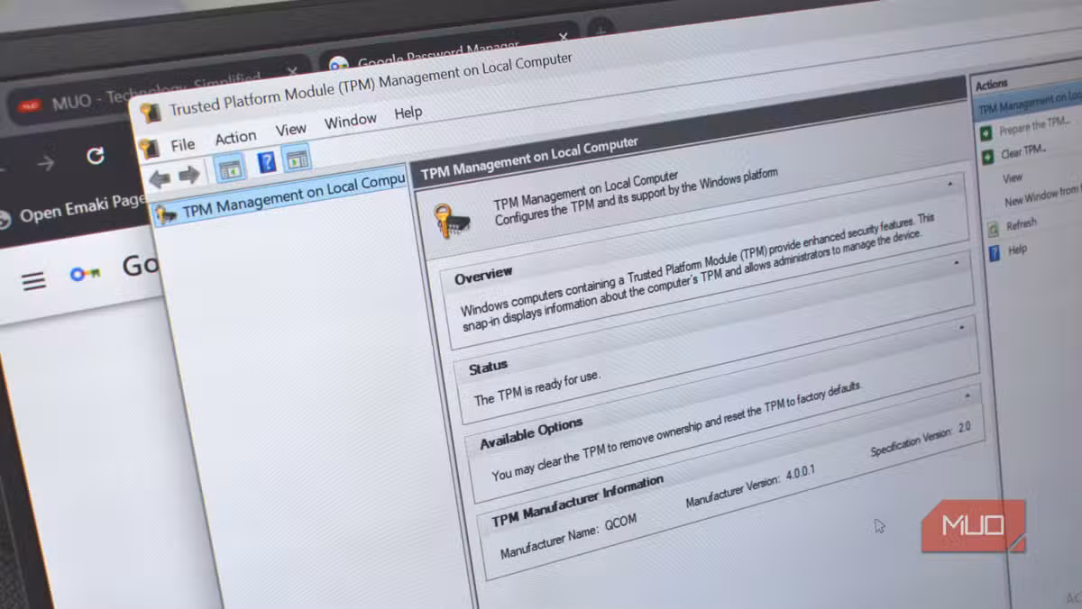 TPM management console showing the security chip status in Windows 11