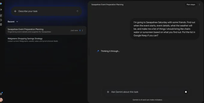 A packing list request sent to Gemini Spark