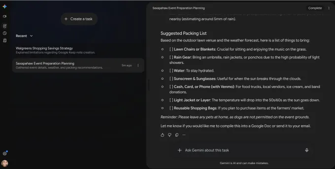 Spark's generated packing list with item-by-item suggestions