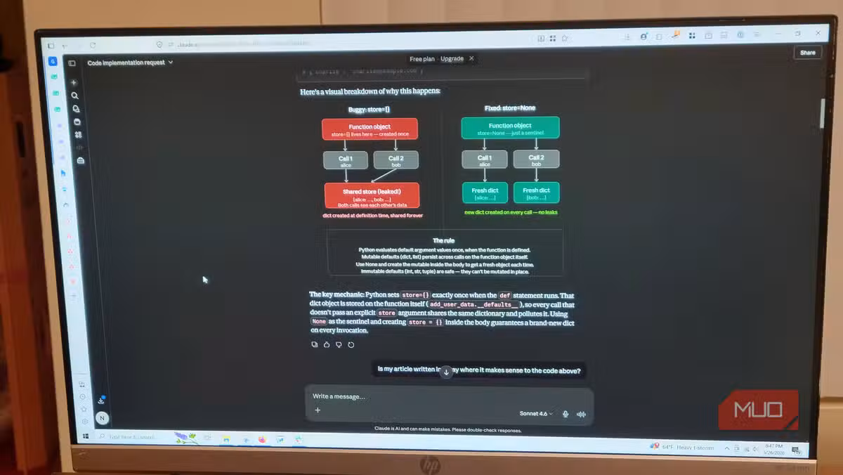 Claude's response breaking down the Python bug before offering a fix