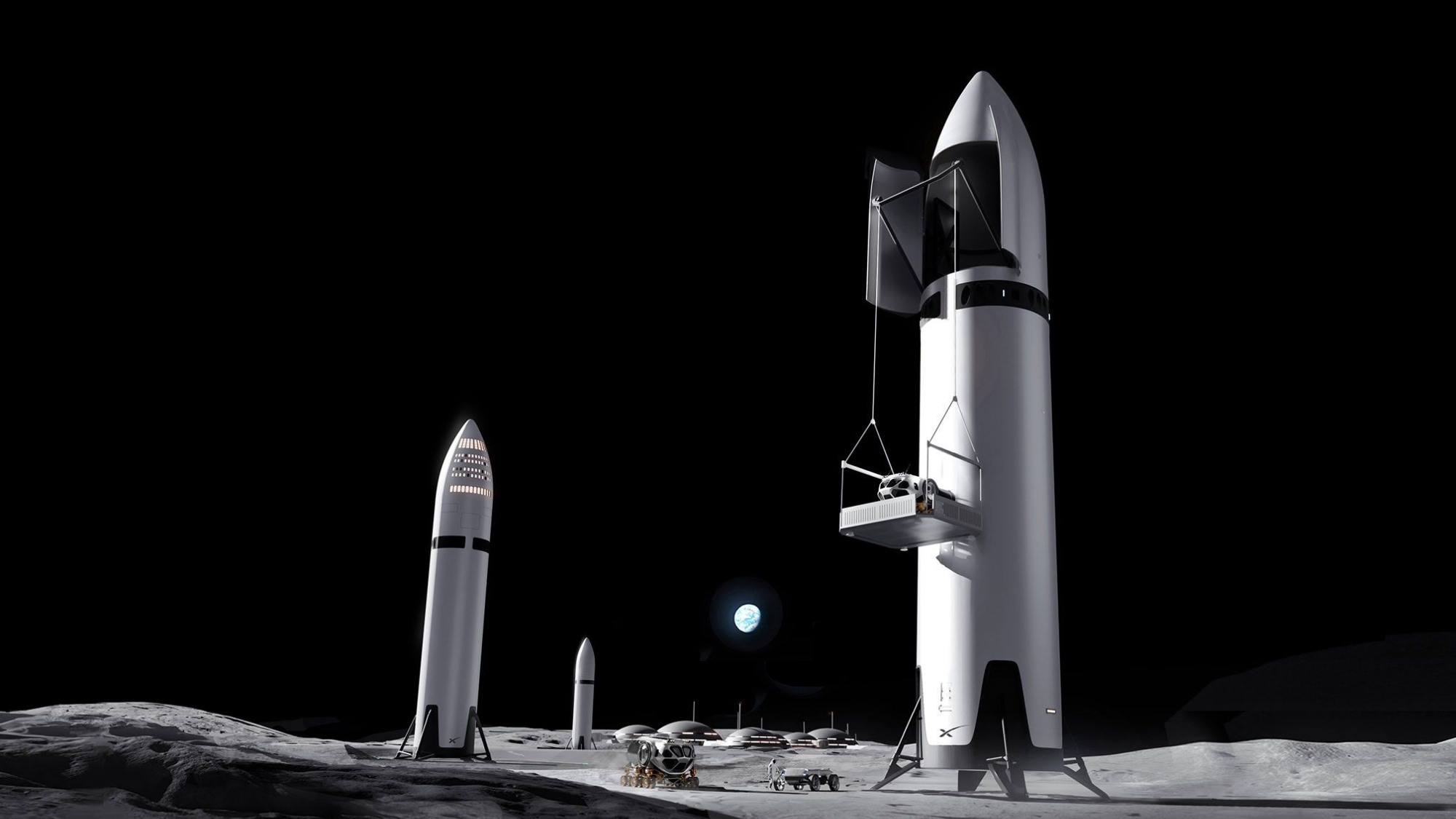 Artist&amp;#039;s illustration of several SpaceX Starship upper stages on the moon.