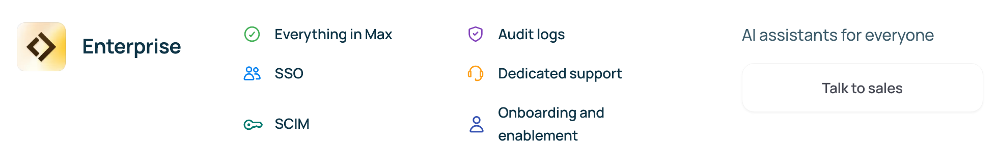 Enterprise pricing includes SSO and administrative controls for organizational deployment