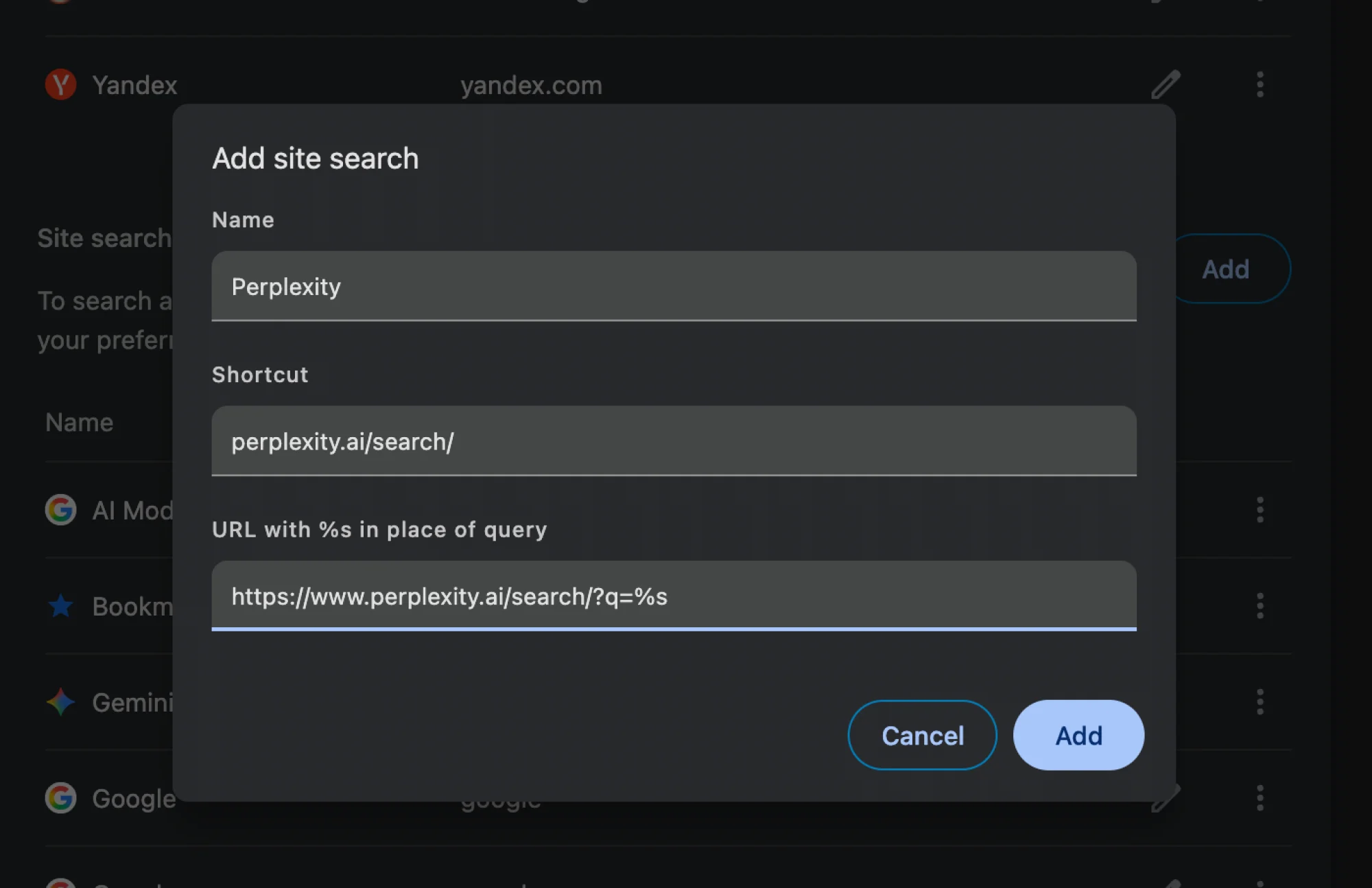 Perpelxity Search being added as search engine to Chrome.