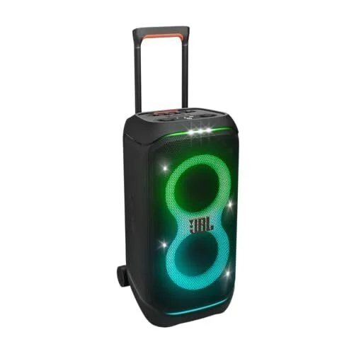 JBL PartyBox Stage 320 - Portable Party Speaker with Telescopic Handle &amp; Wide, Sturdy Wheels, Powerful Pro Sound, Futuristic lightshow, Up to 18 Hours of Play time, Splash Proof (Black)