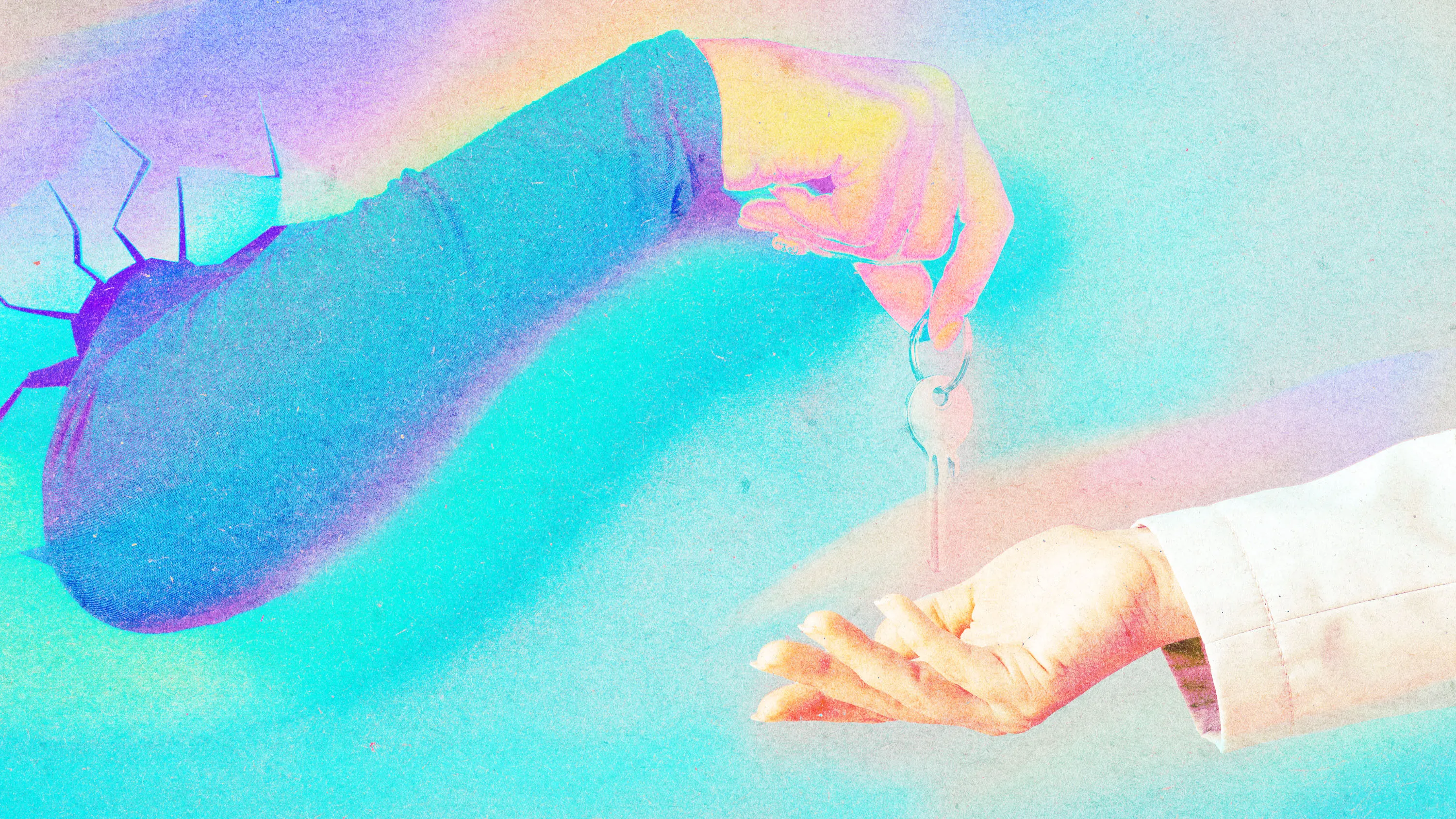 arm busts through wall to hand over a set of keys to another waiting hand