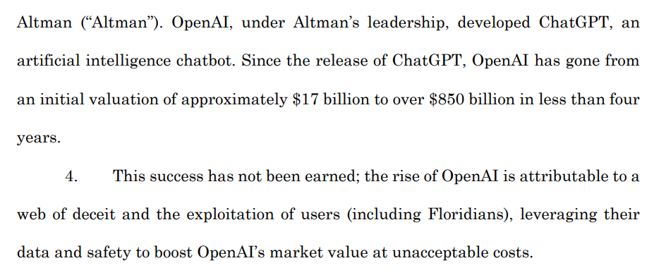 Excerpt from Florida's 83-page complaint against OpenAI