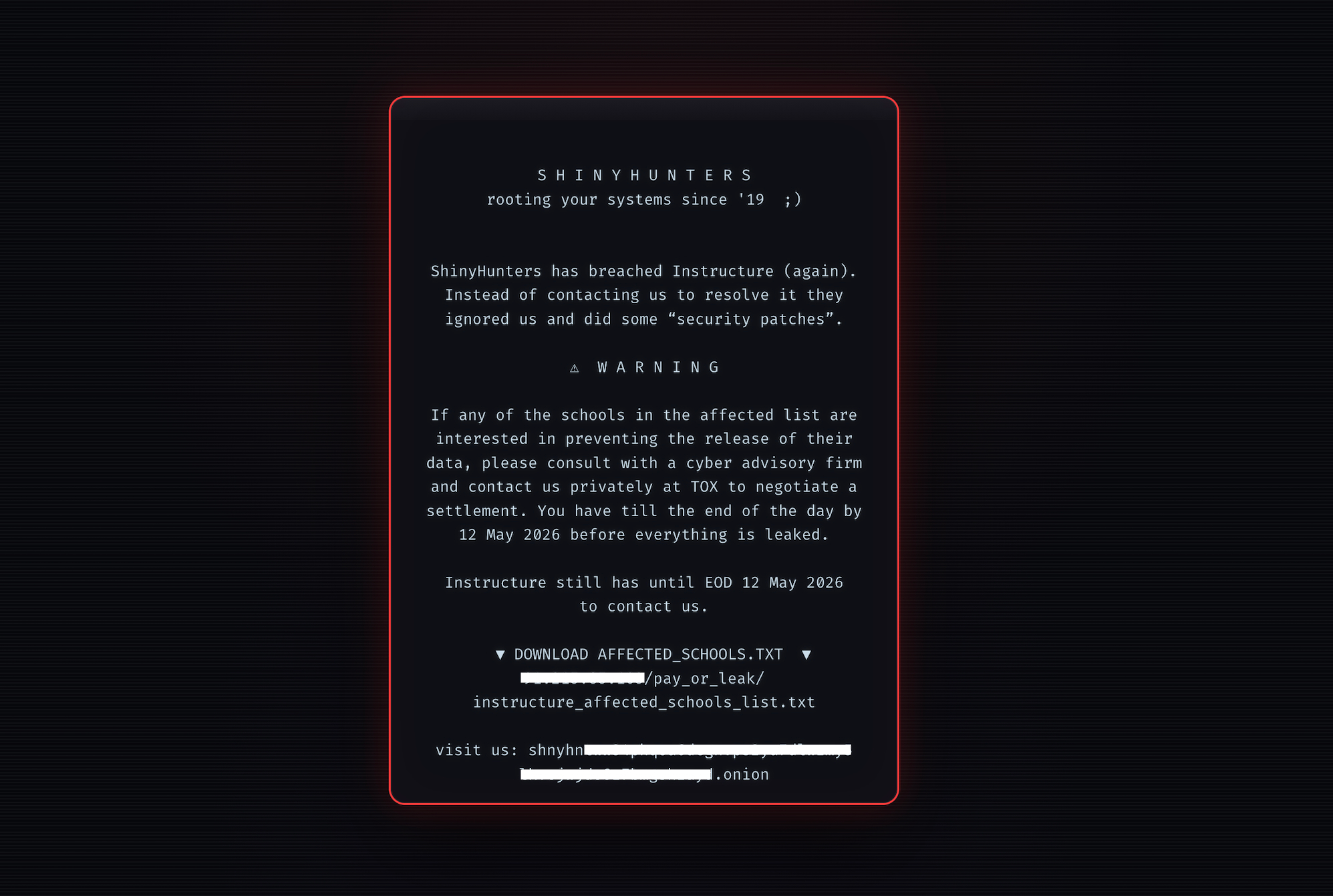 A redacted screenshot of the message ShinyHunters left on the hacked login pages of Instructure