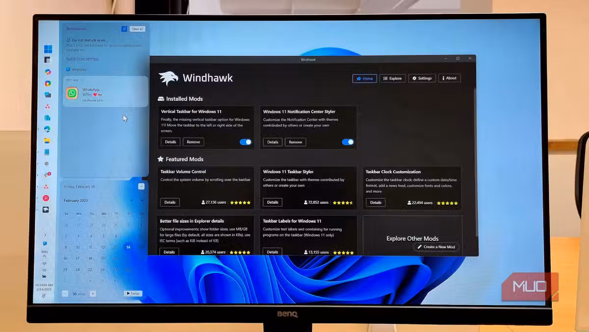 Windhawk's interface displays available mods that can be toggled on or off