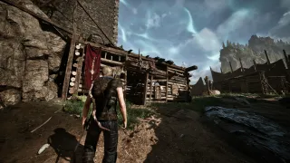 Scatty's hut in Gothic Remake, identifiable by the red arena banner