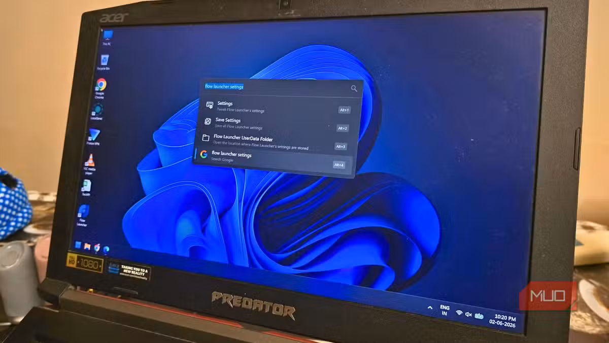 Flow Launcher running on a Windows PC, providing instant file search