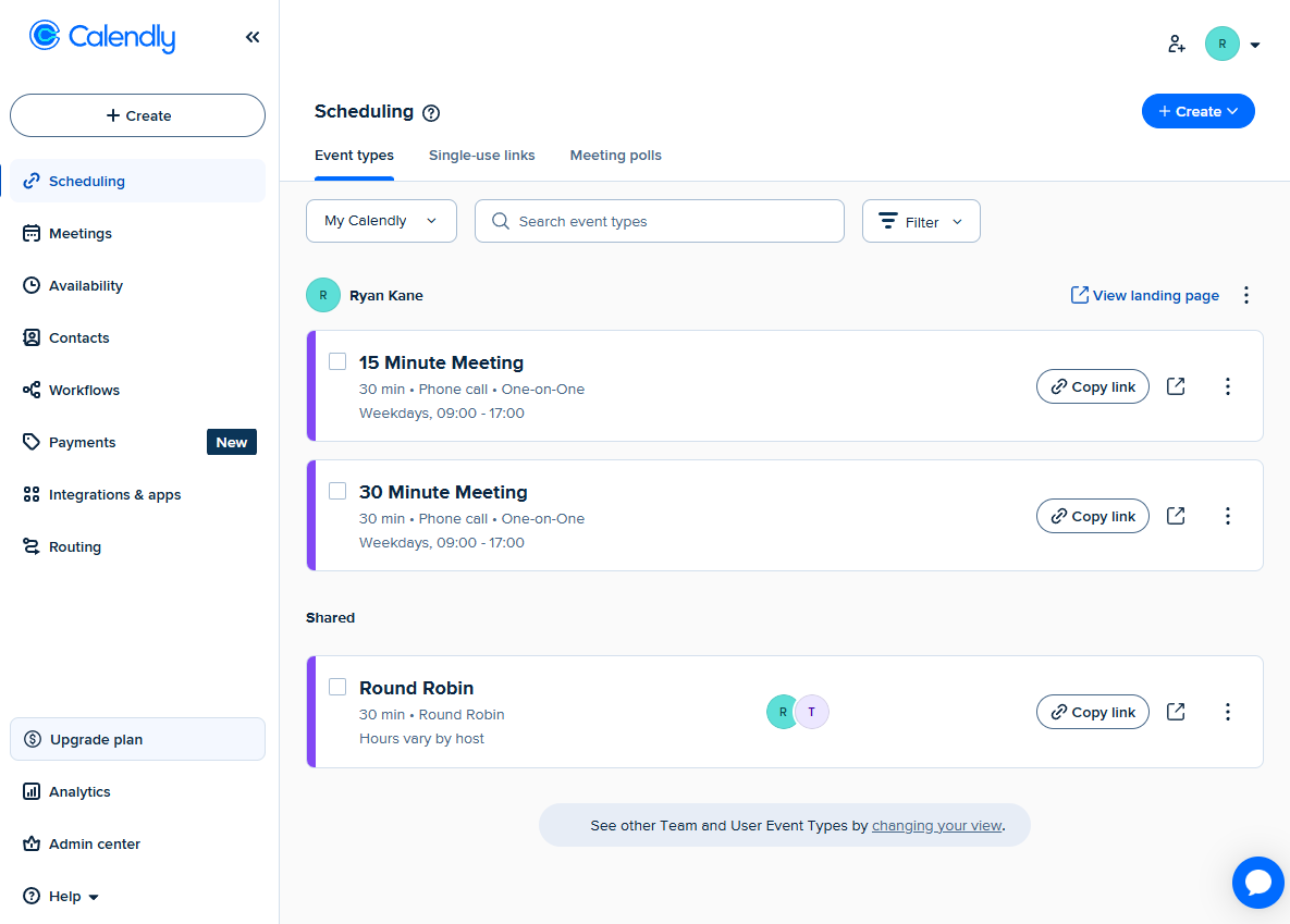Calendly's streamlined interface focuses on fast booking and meeting coordination
