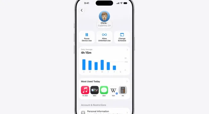 Apple's redesigned Screen Time interface shows age-based restrictions and app category controls