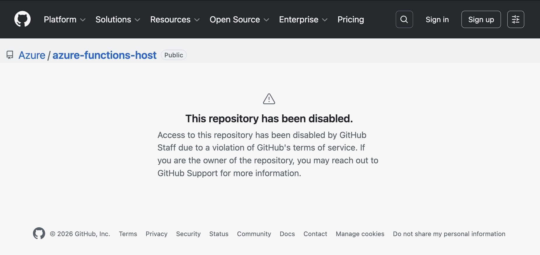 a screenshot showing a disabled github repo: reading — "This repository has been disabled. Access to this repository has been disabled by GitHub Staff due to a violation of GitHub