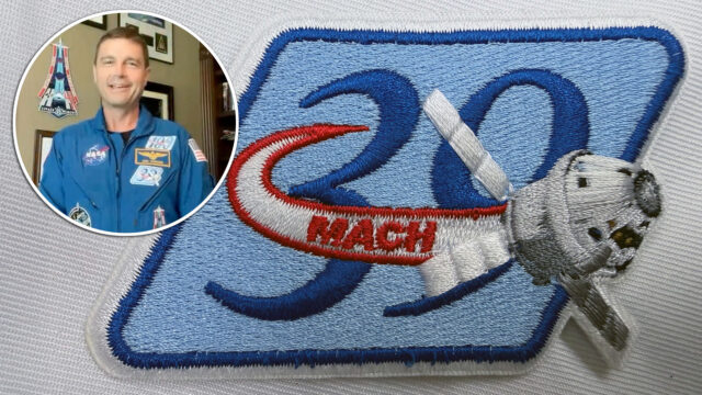 Composite image of a mostly-blue embroidered patch and an inset of an astronaut wearing the same design.