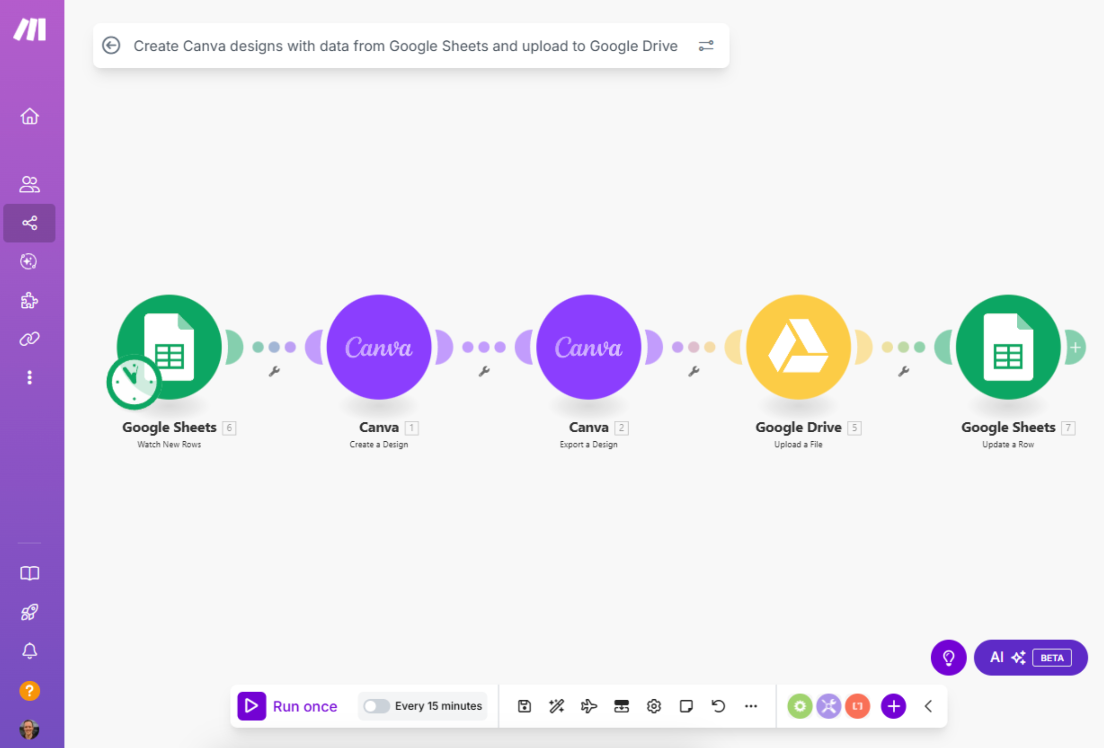 Make's visual editor showing a multi-branch workflow