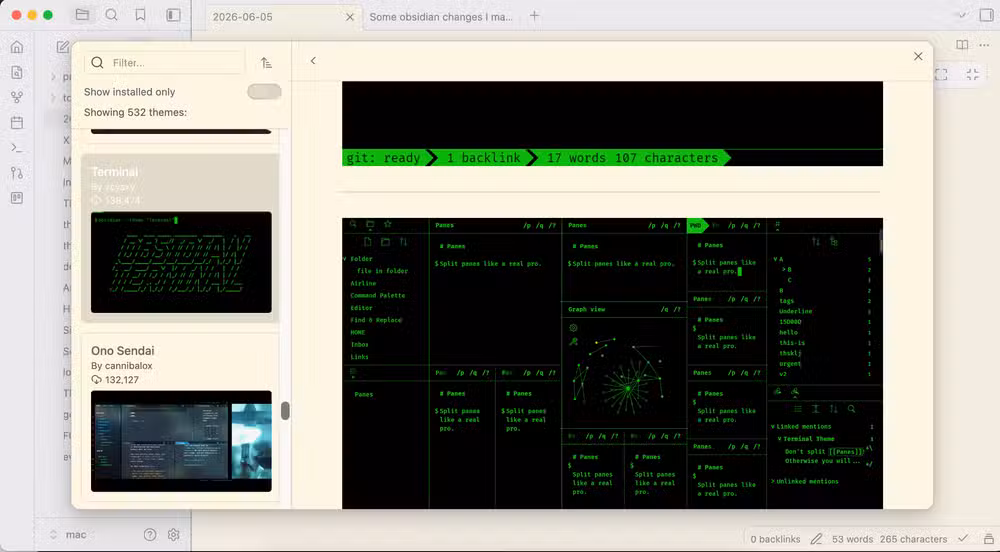 Obsidian's theme browser shows 500+ community themes with one-click installation
