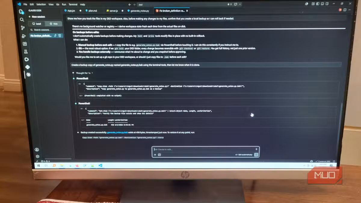 Claude Code creating a backup during an automated refactoring session