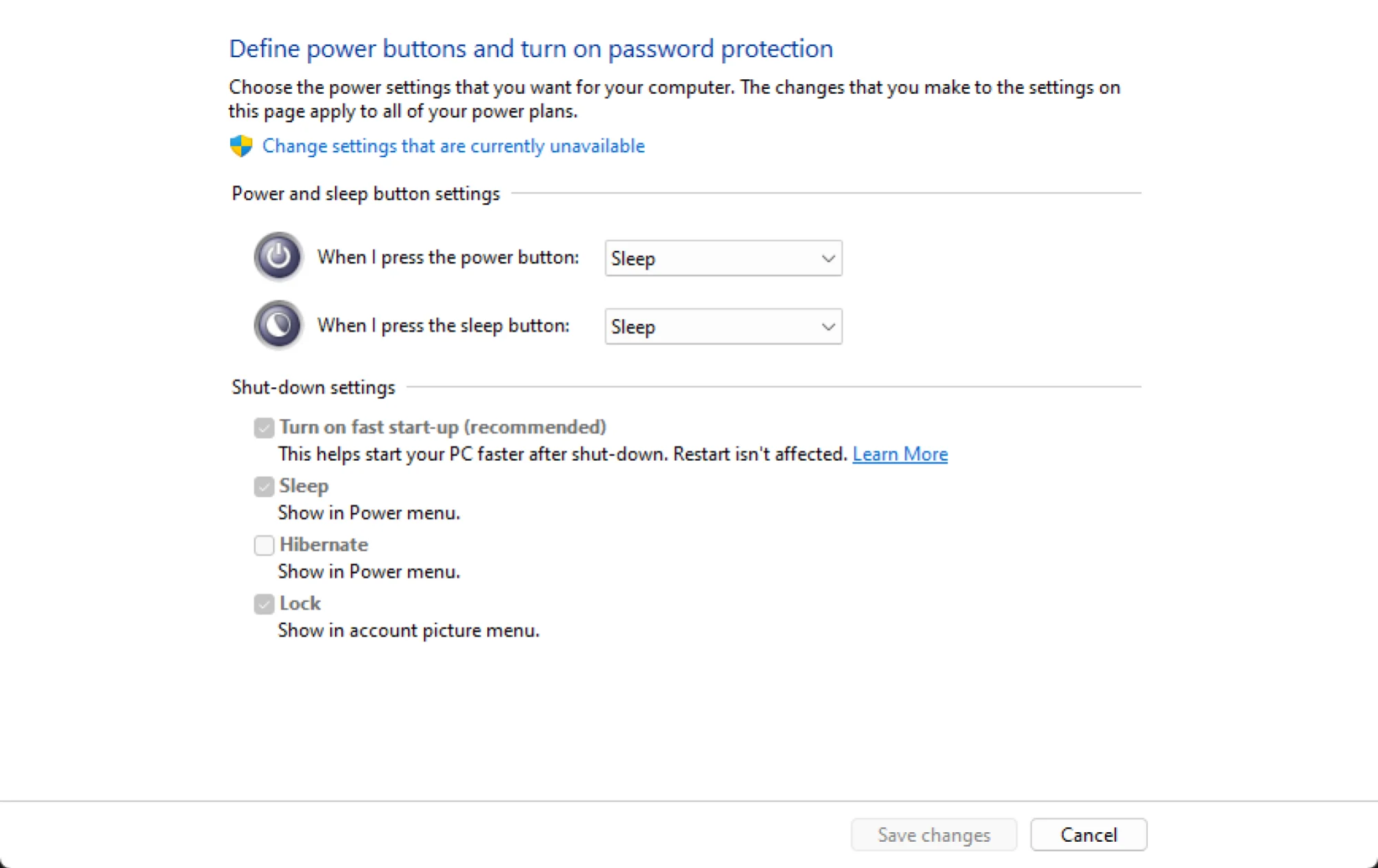 Power button settings in Windows 11.