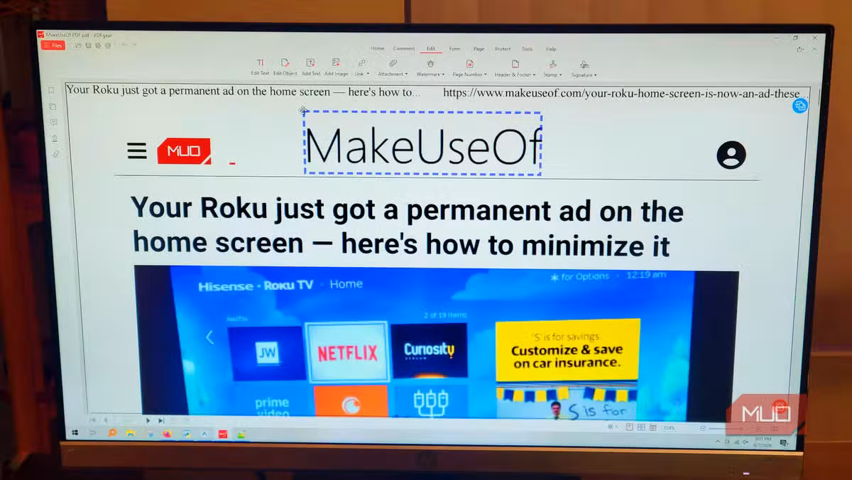 PDFgear's editing interface handles text modifications without requiring a subscription