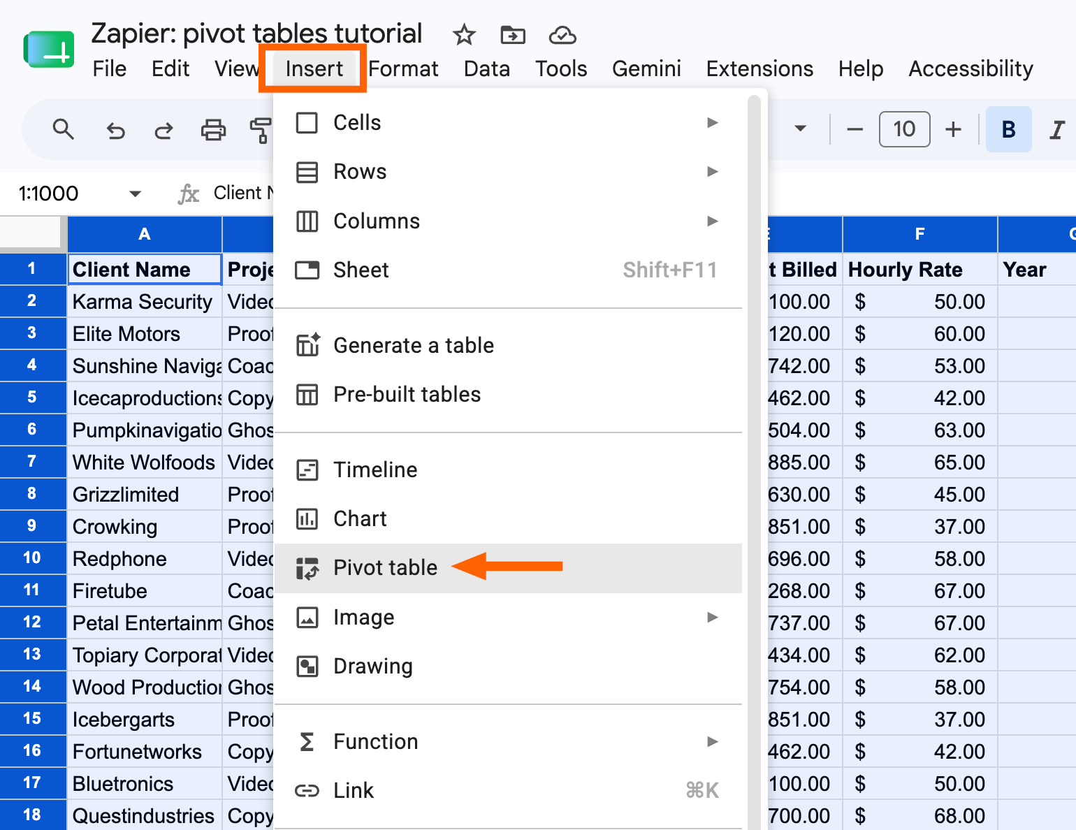 The pivot table editor showing Row, Column, and Value configuration