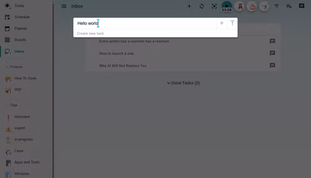 Super Productivity's task capture window with inline project and tag assignment