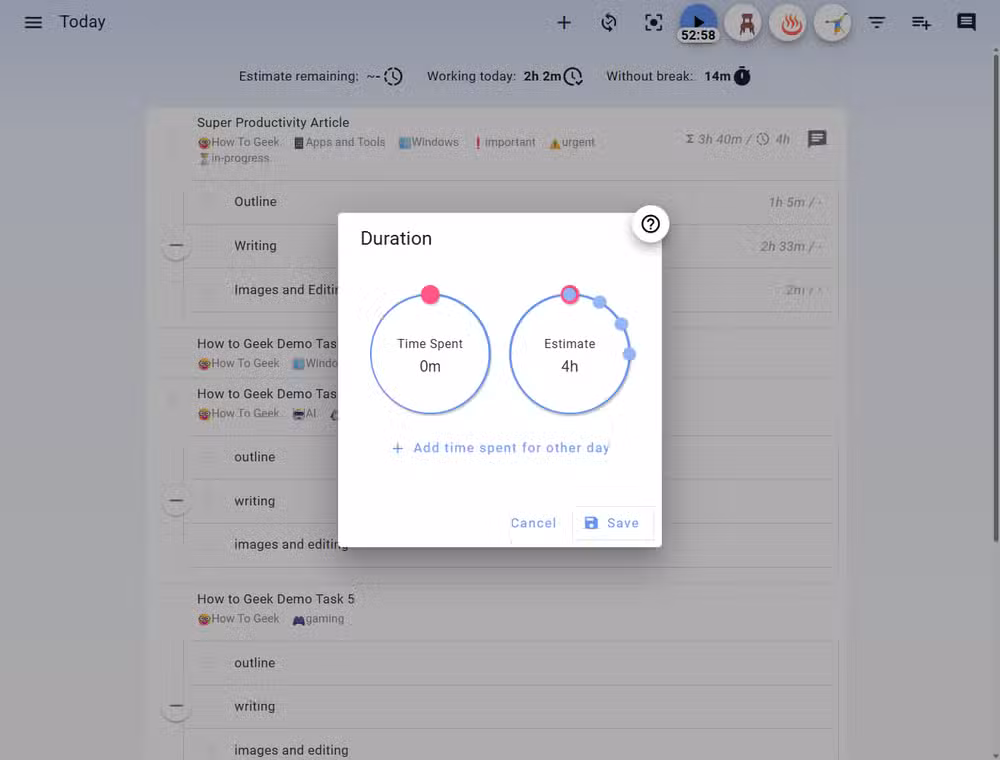 Setting time estimates for individual tasks