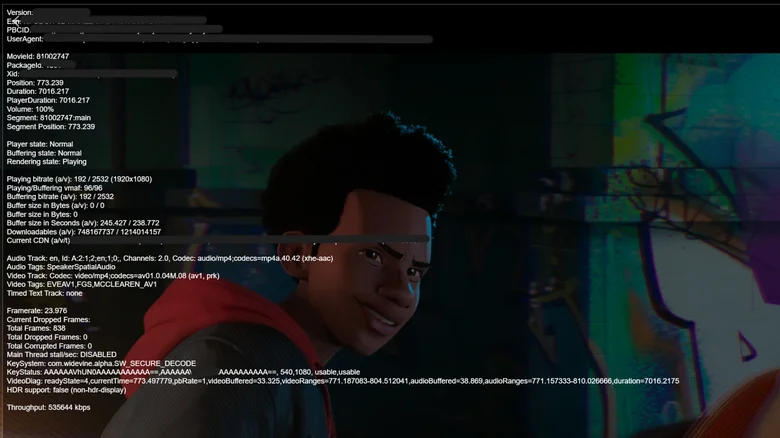 Netflix's hidden diagnostic overlay shows real-time bitrate and resolution data